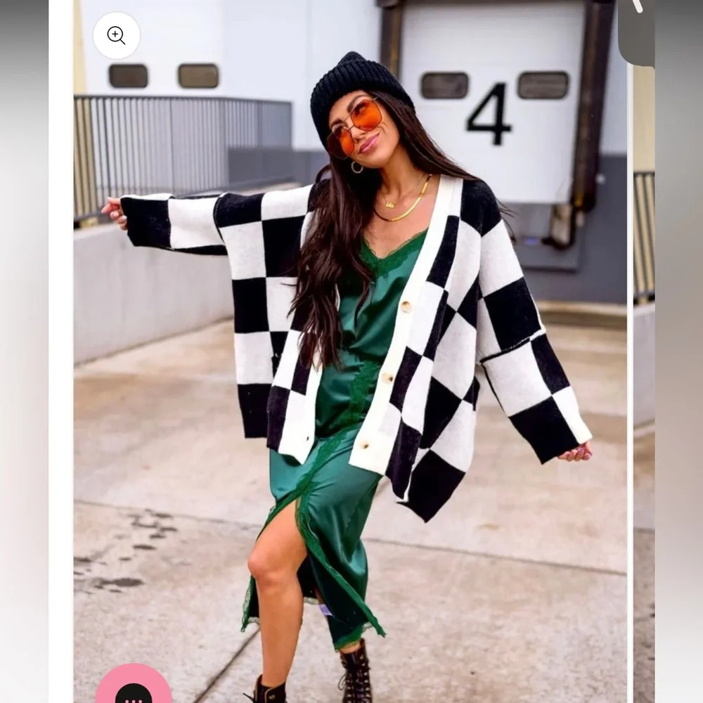 Dressed in LALA Love You Oversized Checkerboard Cardigan Black White Size L/XL - Picture 1 of 3